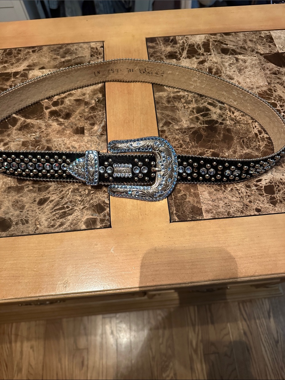 B.B. Simon Black Studded Belt with Silver Crystal Western Buckle